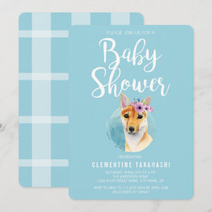 Shiba Inu met kroon   Baby shower blauw Kaart