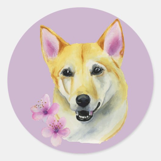 Shiba Inu met Sakura schilderij | Hondenkunst Ronde Sticker (Voorkant)