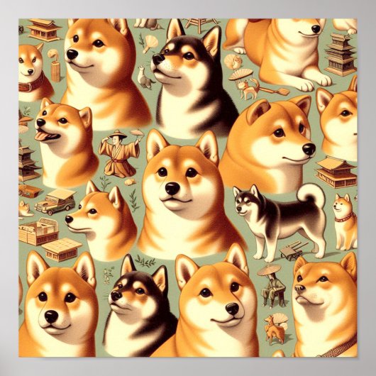  Shiba Inu naadloos patroon Poster (Voorkant)