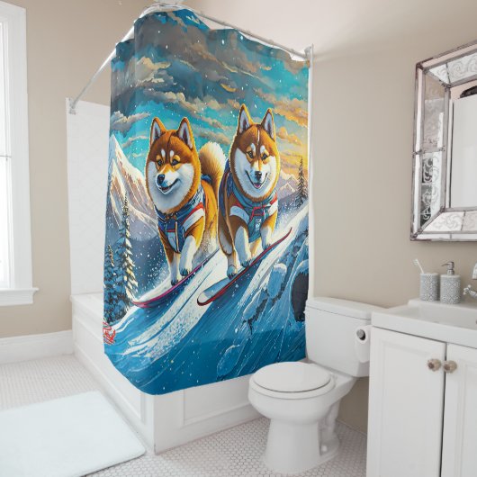 Shiba Inu op Snowboards 02 Design: Rich AMeN Gill Douchegordijn (In situ)