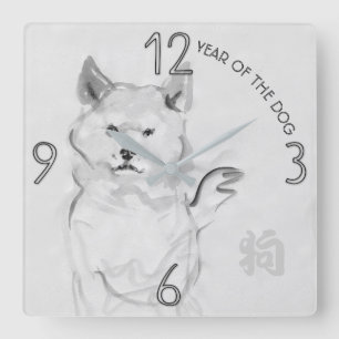 Shiba Inu Original Painting Dog Year Birthday WC4 Vierkante Klok