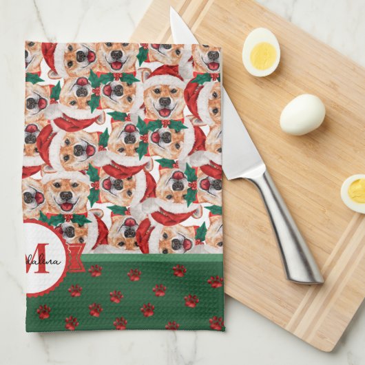 Shiba Inu Pattern Monogram kersthond Theedoek (Quarter Fold)