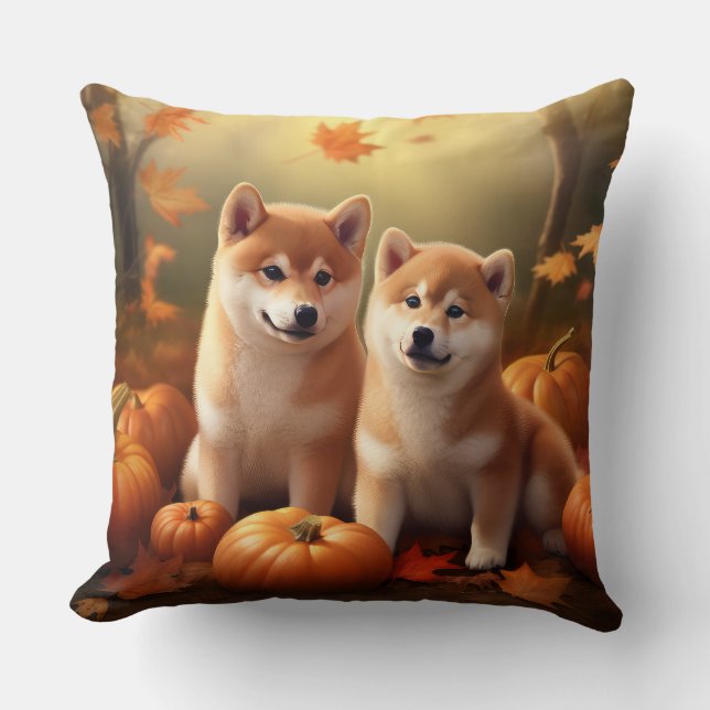 Shiba Inu Puppy Herfst Delight Pompoen Kussen (Voorkant)
