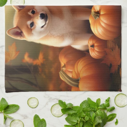 Shiba Inu Puppy Herfst Delight Pompoen Theedoek (Gevouwen)