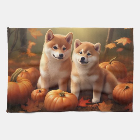 Shiba Inu Puppy Herfst Delight Pompoen Theedoek (Horizontaal)