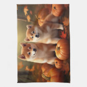 Shiba Inu Puppy Herfst Delight Pompoen Theedoek (Verticaal)