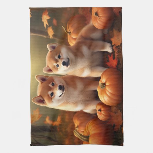 Shiba Inu Puppy Herfst Delight Pompoen Theedoek (Verticaal)