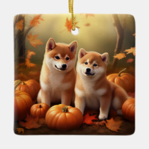 Shiba Inu Puppy Herfst Plezier Pompoen Keramisch Ornament