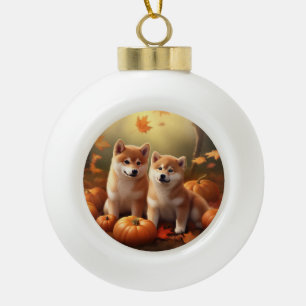 Shiba Inu Puppy Herfst Plezier Pompoen Keramische Bal Ornament