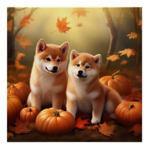 Shiba Inu Puppy Herfst Plezier Pompoen Perfect Poster
