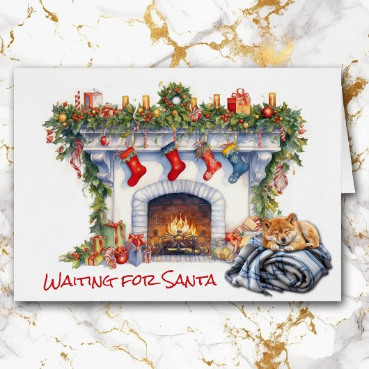 Shiba Inu Puppy Wacht op Santa Open haard