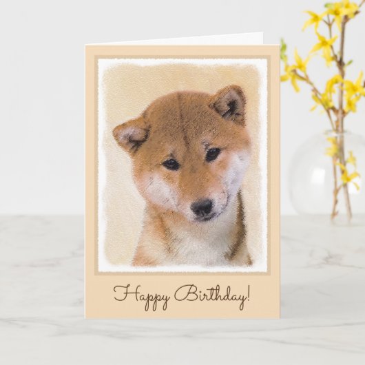 Shiba Inu (Rood) Schilderij - Originele Honden Kun Kaart (Gele Bloem)