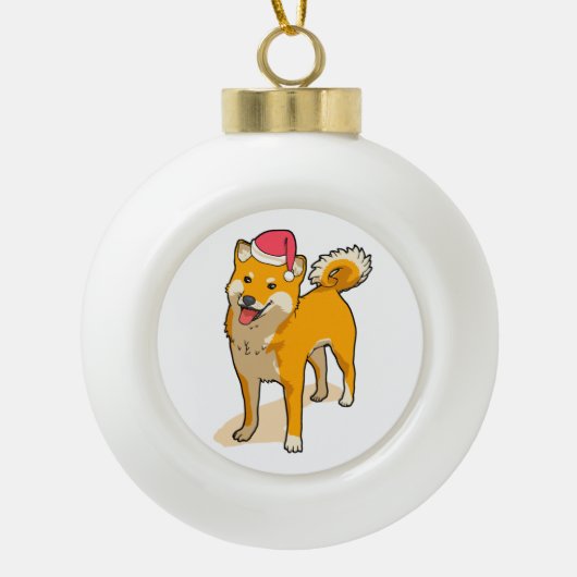 Shiba Inu Santa Claus Dog Kerstmis Keramische Bal Ornament (Voorkant)