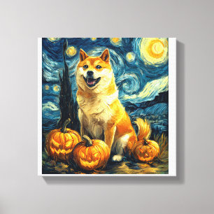 Shiba Inu Schattige Hond Halloween Jack O Lantern Canvas Afdruk