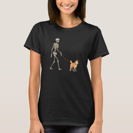 Shiba Inu Skeleton Dog Walking Halloween Dog T-shirt (Voorkant)