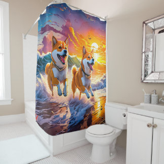 Shiba Inu Spelen In Waves Ontwerp: Rich AMeN Gill Douchegordijn
