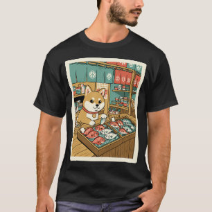 Shiba Inu Vismarkt Illustratie met Gezellige Japan T-shirt