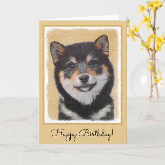 Shiba Inu (zwart en tan) schilderen - hond Art Kaart (Gele Bloem)