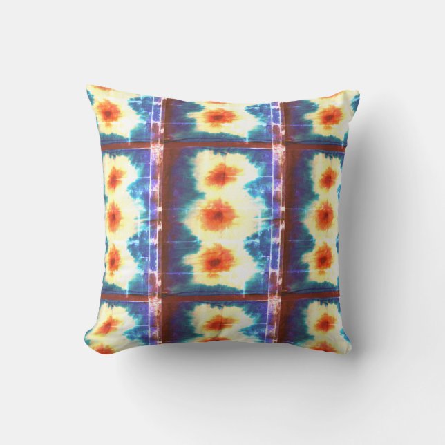 Shibori Fabric Boho Blue Oranje Tie Dye Pillow Kussen (Voorkant)