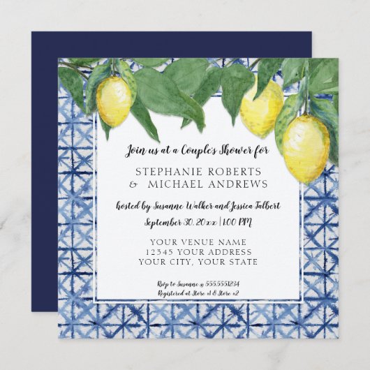  Shibori Indigo Blue met Lemon Couples Shower Kaart (Voorkant / Achterkant)