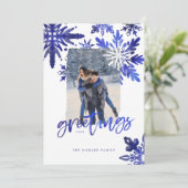 Shibori Tie Dye Indigo Blue Snowflakes Foto Feestdagenkaart (Staand voorkant)