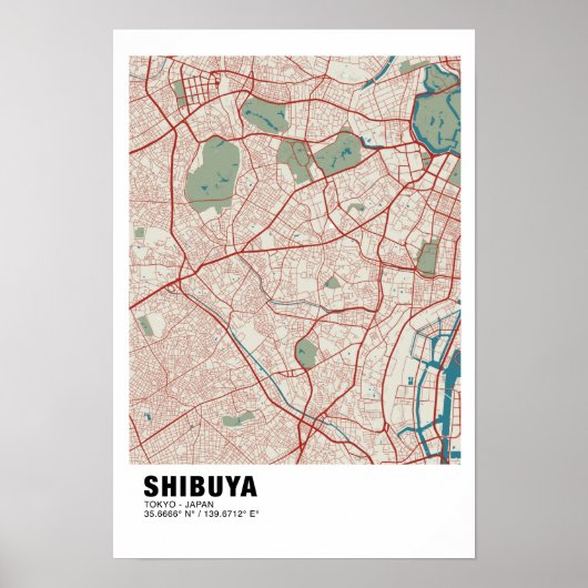 Shibuya Kaart Poster - Tokyo Stijlvolle kleurrijke (Voorkant)