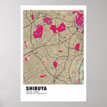 Shibuya Kaart Poster - Tokyo Stijlvolle roze kaart