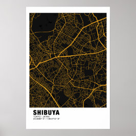 Shibuya kaart Poster - Tokyo zwart en gouden kaart