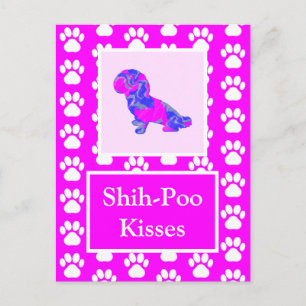 Shih-Poo Dog Kisses Silhouette in Cute Pink & Blue Briefkaart