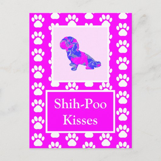 Shih-Poo Dog Kisses Silhouette in Cute Pink & Blue Briefkaart (Voorkant)