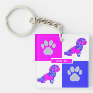 Shih-Poo Silhouette Dog & Paw Pink and Blue Square Sleutelhanger