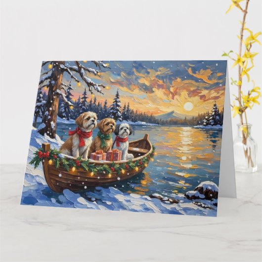 Shih Tzu Christmas Boat Holiday Kaart (Gele Bloem)