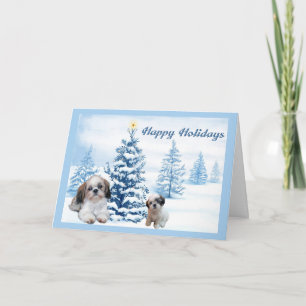 Shih Tzu Christmas Kaart Blue Tree