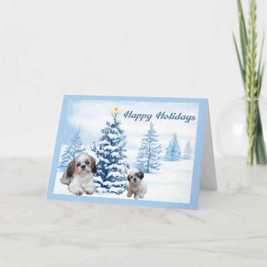 Shih Tzu Christmas Kaart Blue Tree (Voorkant)