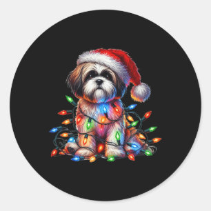 Shih Tzu Christmas Lights Santa Hat Hondenliefhebb Ronde Sticker