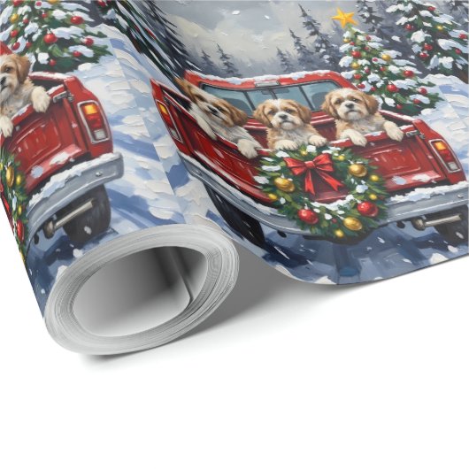Shih Tzu Christmas Red Truck Holiday Cadeaupapier (Rol Hoek)