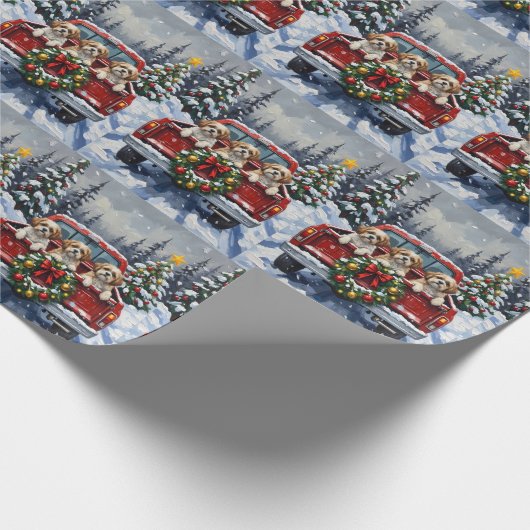 Shih Tzu Christmas Red Truck Holiday Cadeaupapier (Hoek)