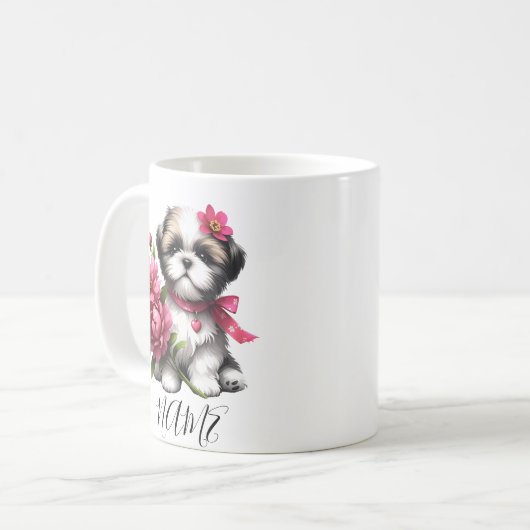 Shih Tzu Coffee Mok – Schattigee puppy met bloemen (Voorkant links)