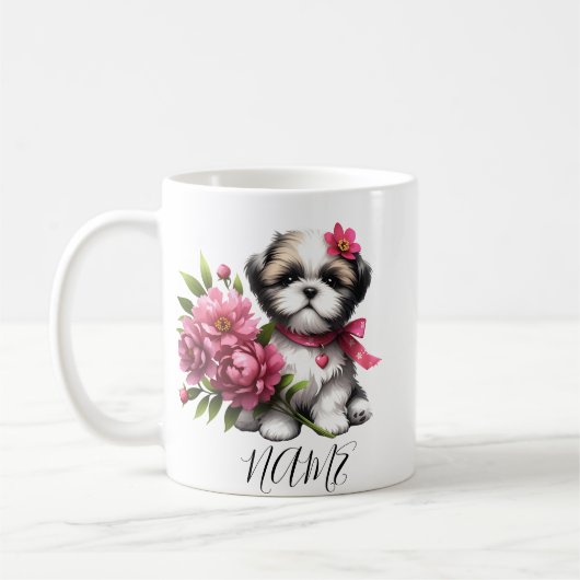Shih Tzu Coffee Mok – Schattigee puppy met bloemen (Links)