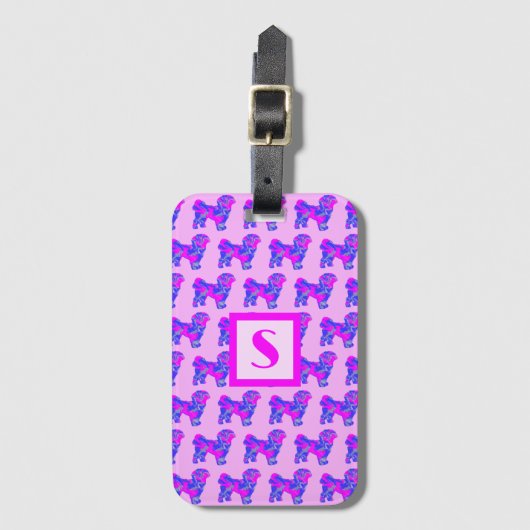 Shih Tzu Cute Dog Pink & Blue Silhouette Monogram Bagagelabel (Voorkant (verticaal))