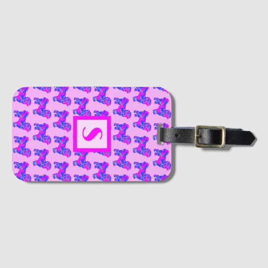 Shih Tzu Cute Dog Pink & Blue Silhouette Monogram Bagagelabel (Voorkant (horizontaal))