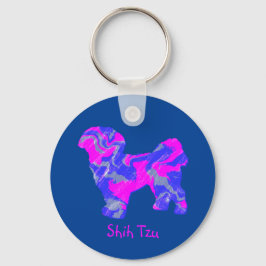 Shih Tzu Cute Dog Silhouette Crazy Hot Pink & Blue Sleutelhanger