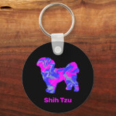 Shih Tzu Cute Dog Silhouette Crazy Hot Pink & Blue Sleutelhanger (Voorkant)
