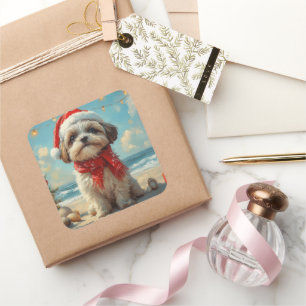 Shih Tzu Dog Christmas Beach Vierkante Sticker