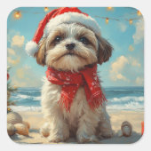 Shih Tzu Dog Christmas Beach Vierkante Sticker (Voorkant)