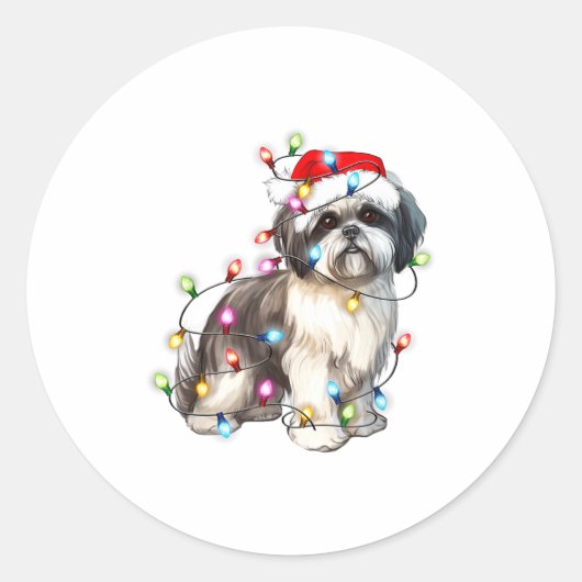Shih Tzu Dog Christmas Lights Xmas Cute  Ronde Sticker (Voorkant)