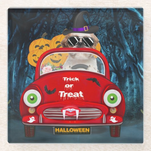 Shih Tzu Dog Driving Car Scary Halloween Glazen Onderzetter (Voorkant)