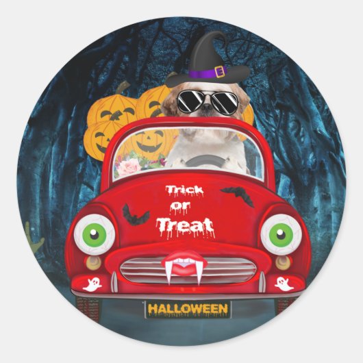 Shih Tzu Dog Driving Car Scary Halloween Ronde Sticker (Voorkant)