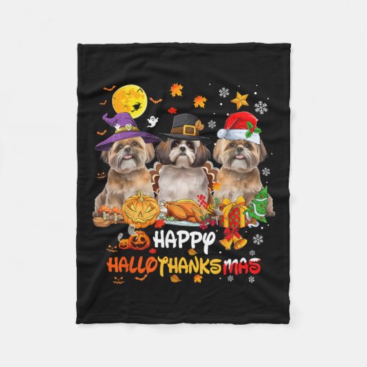 Shih Tzu Dog Happy Halloween Thanksgiving Merry Ch Fleece Deken (Voorkant)