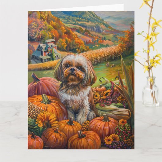 Shih Tzu Dog Herfst Oogst Thanksgiving Kaart (Gele Bloem)